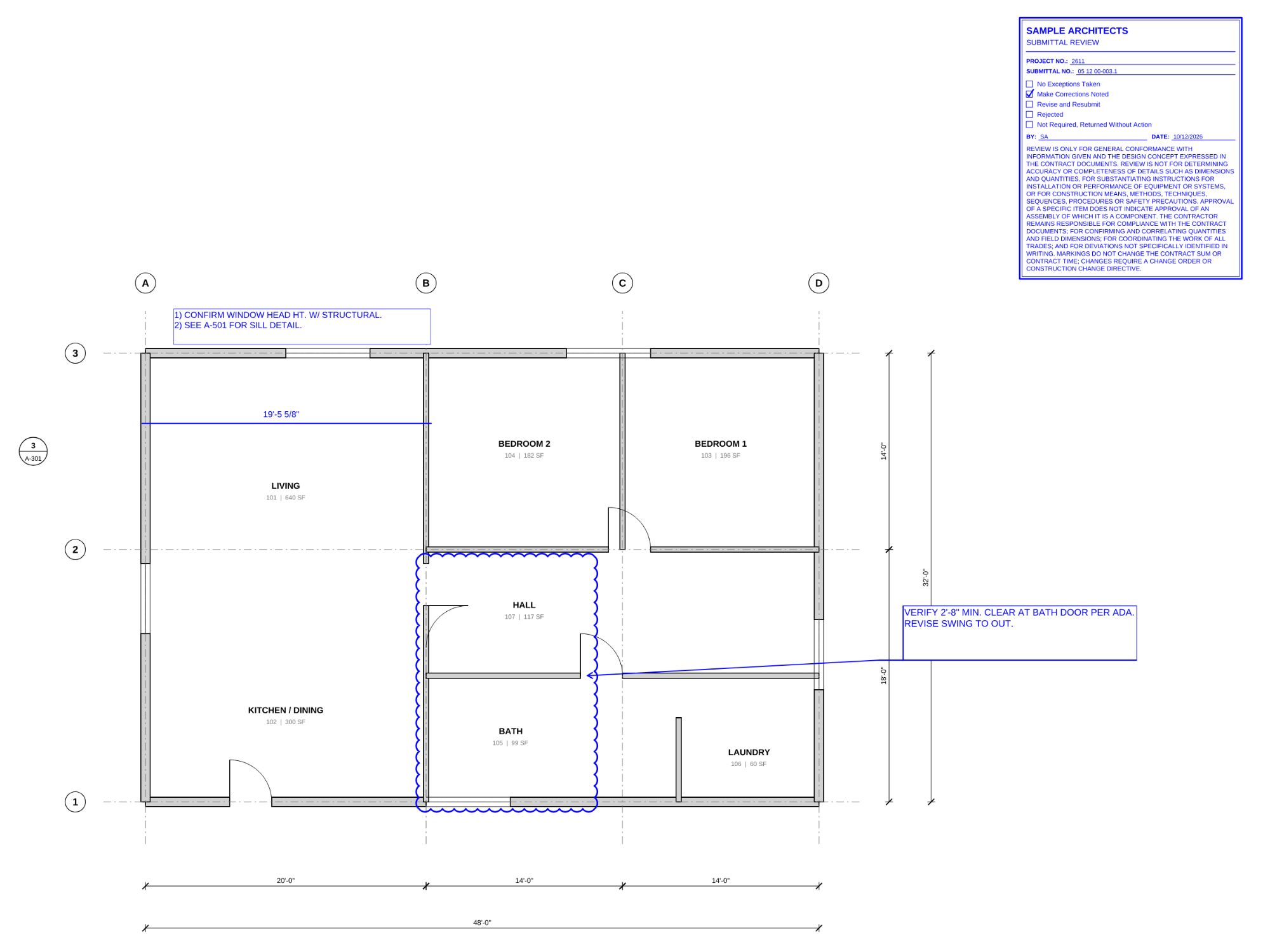 A floor plan marked up in Markset: a blue dimension reading 19 feet 5 5/8 inches across the living room, a revision cloud around the hall and bath with a leader note about the bath door clearance, and a submittal review stamp checked 'Make Corrections Noted'.