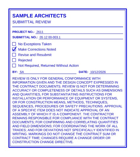 A blue submittal review stamp for Sample Architects with 'Make Corrections Noted' checked, By SA, dated 10/12/2026, and limitation text.